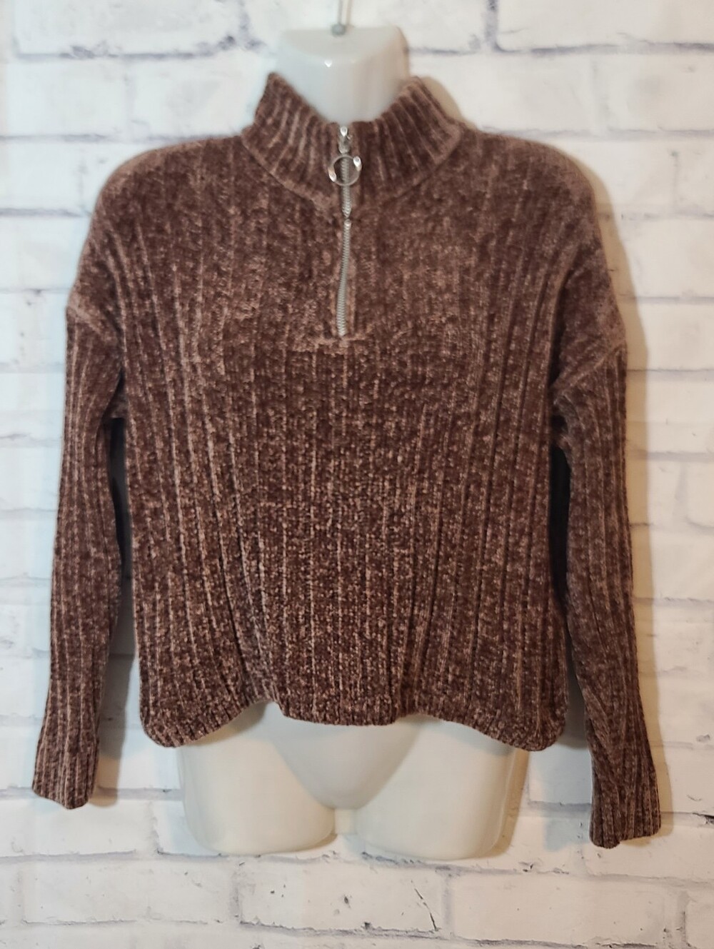 Pink Rose Brown Chenille Rib-Knit Mock Neck 1/4 Zip Long Sleeve Sweater M
